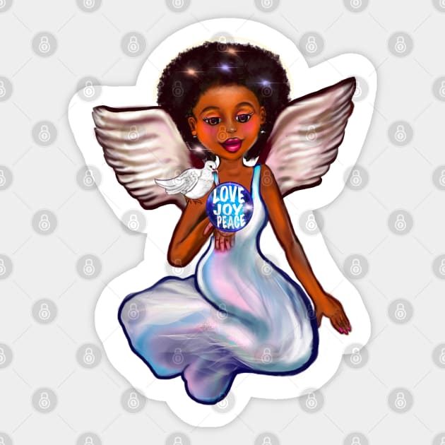 Angel with dove love joy and peace ii - Black angel of peace ! With glow, Afro hair, green eyes, Cherry pink lips and dark brown skin. Hair love ! Sticker by Artonmytee